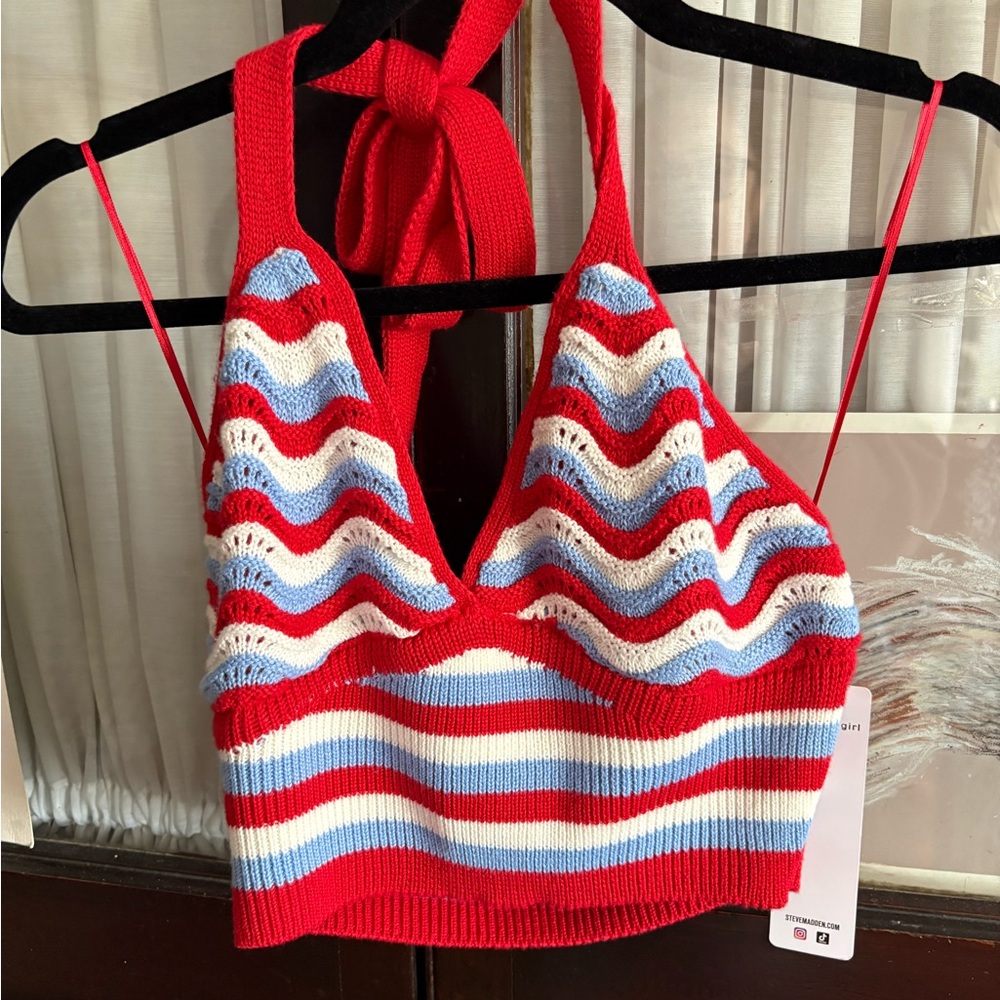 Madden Girl Red, White & Light Blue Crochet Striped Halter